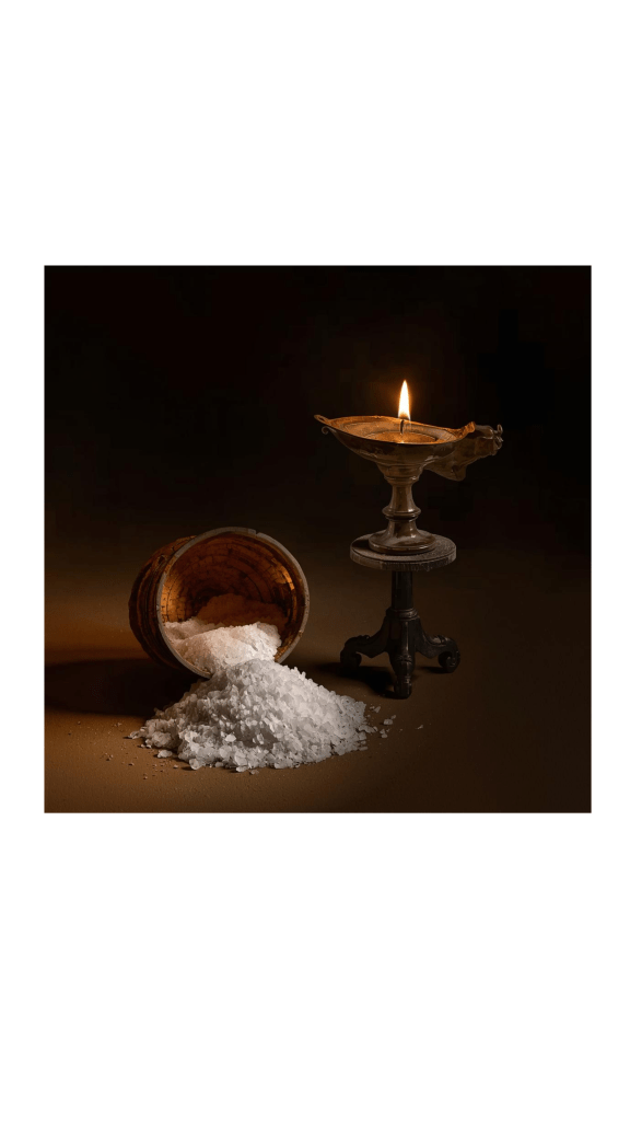 Ancient oil lamp on a stand illuminating salt spilling from a bushel