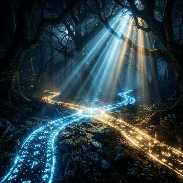 Forest pathways glowing with blue and gold magical runes under rays of light