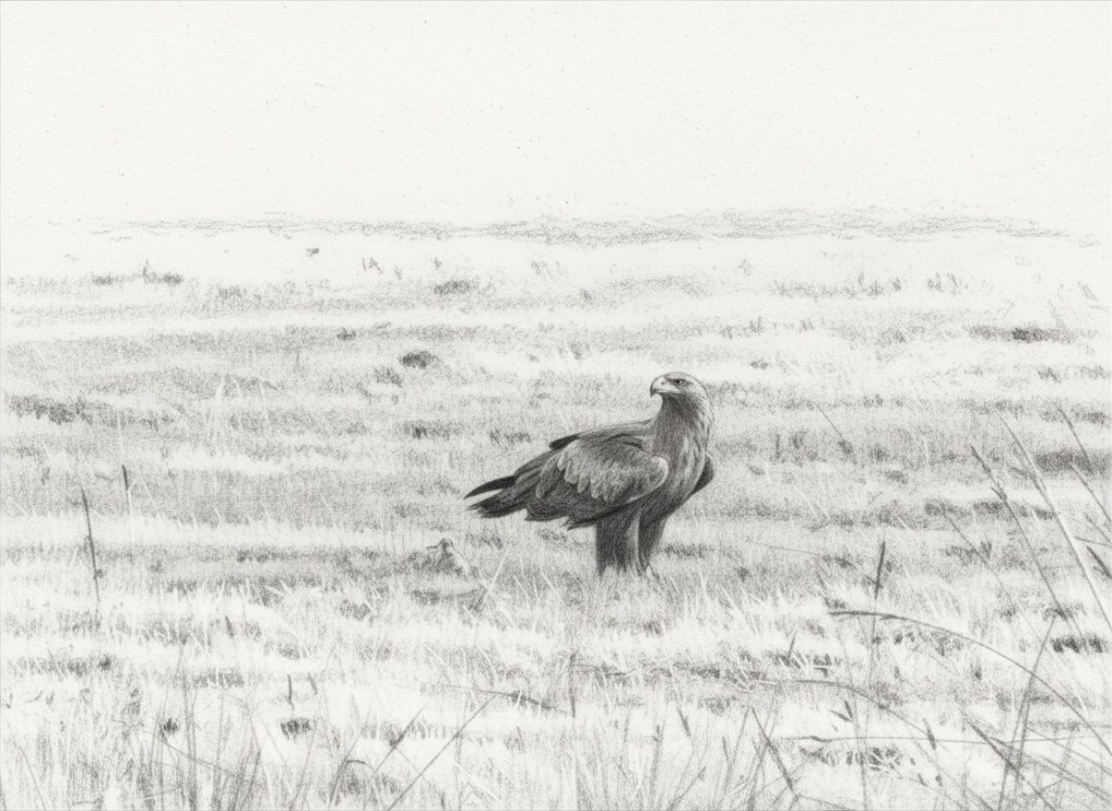 Pencil ketch based on an original photo by D.  Webster ©2022 of a bunjil (wedged-eagle) after a successful kill, Mt Macedon 
